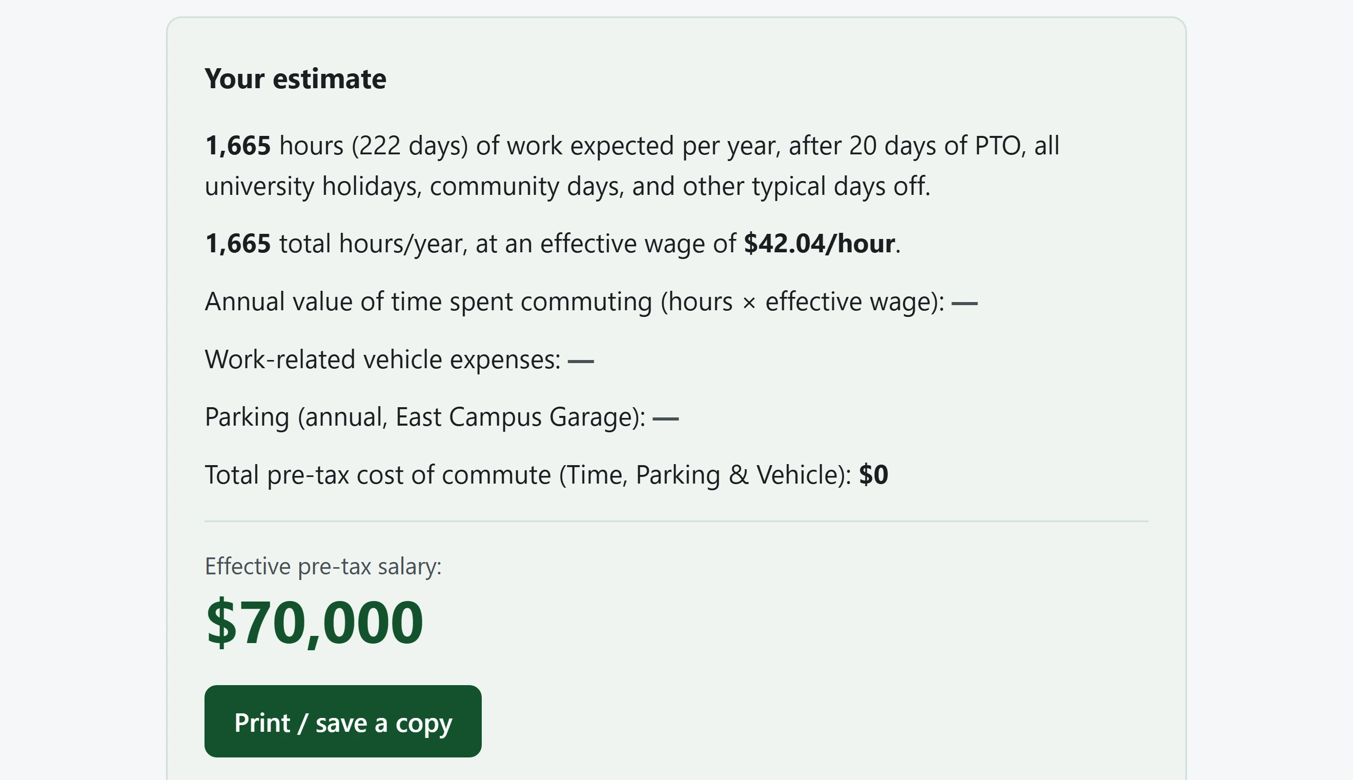 Results panel showing work hours and a $42.04 effective wage, with commuting time, vehicle expenses and parking each displaying a dash, and an effective salary of $70,000.